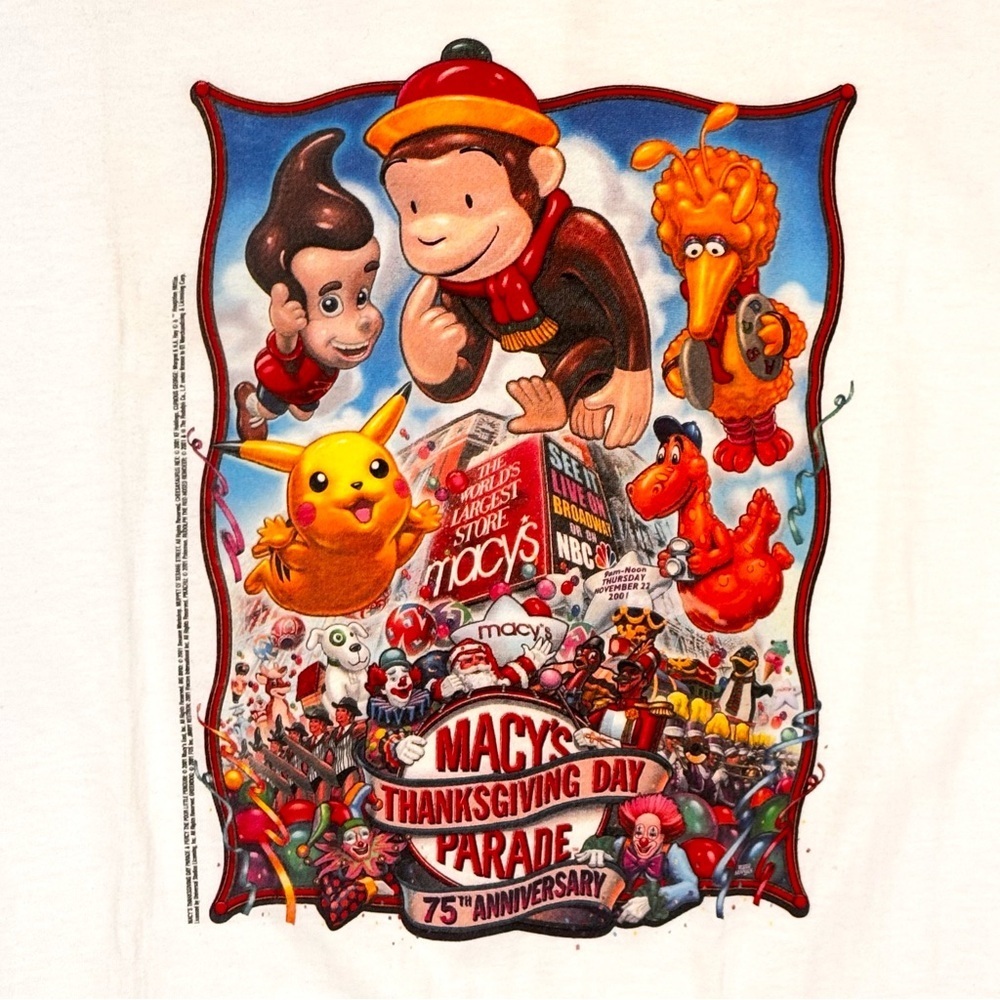Vintage 2001 Macys Thanksgiving Day Parade 75th Shirt Pikachu Curious George XL